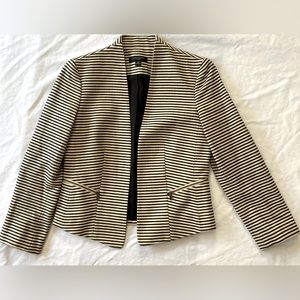 Ann Taylor Black & Cream Striped Open Front Blazer with Zippered Pockets Size 0P
